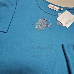 Quacker Factory Rhinestone Santa Claus T Shirt‎ Teal Blue Womens Size S Holiday